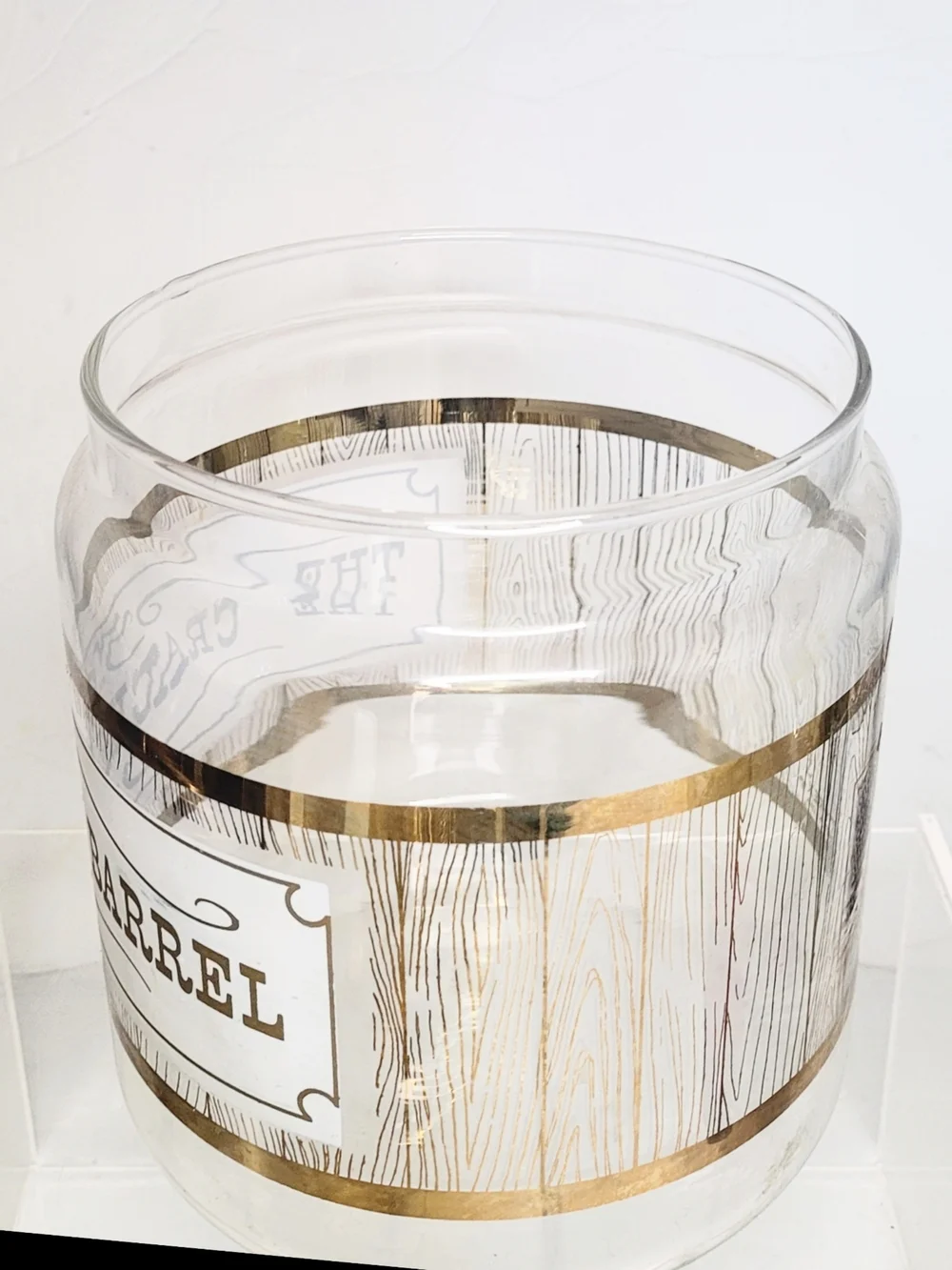 1960s Pyrex 'The Cracker Barrel' Glass Canister w/ Gold Trim Cookie Cracker Jar